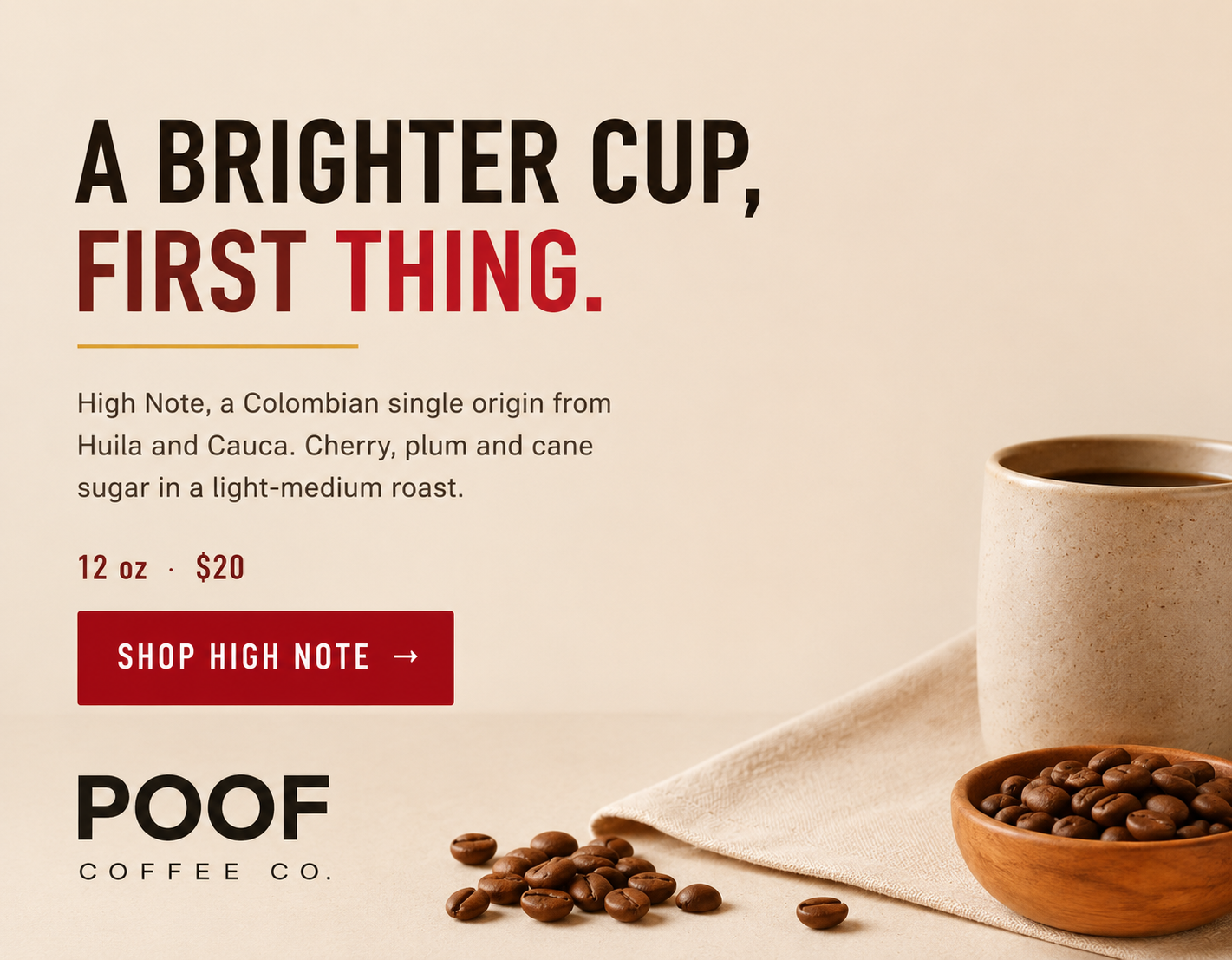 A ceramic mug of black coffee beside a wooden bowl of roasted beans on a warm ivory table