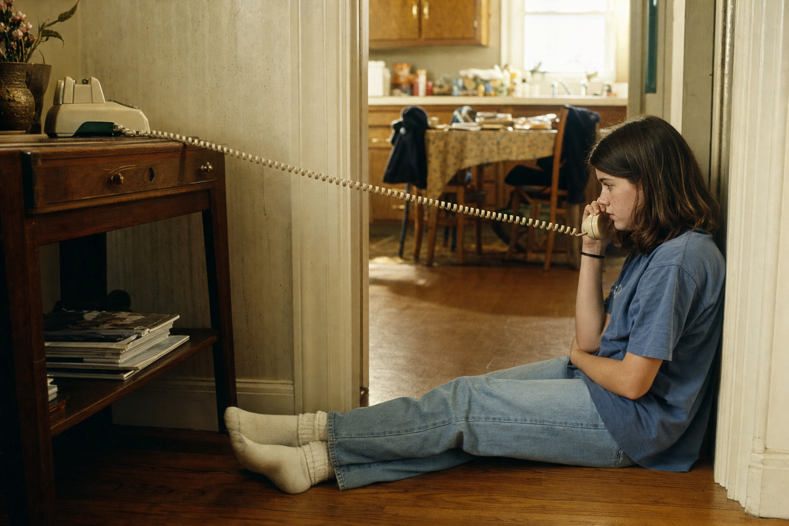 A teenager lying on a bedroom floor talking on a corded telephone