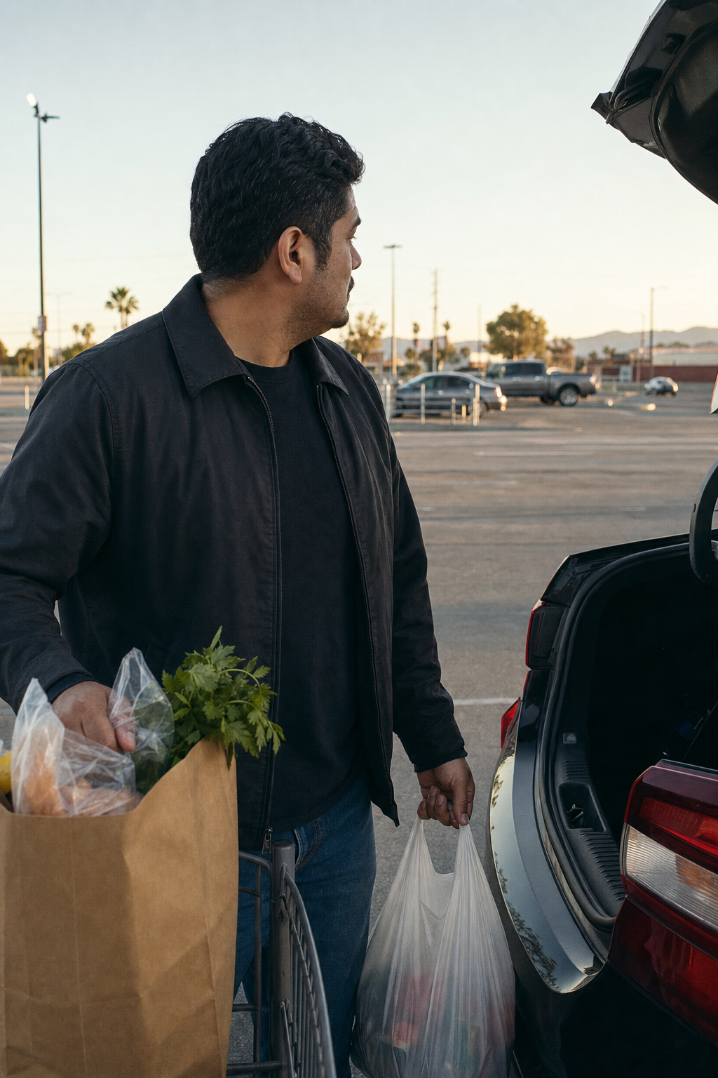 A man loading paper grocery bags into the trunk of his car in a supermarket parking lot at dusk