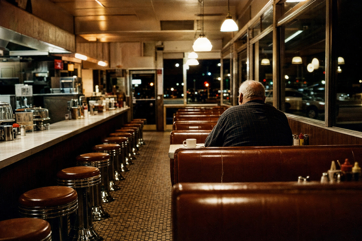 Empty red vinyl booths in a diner late at night
